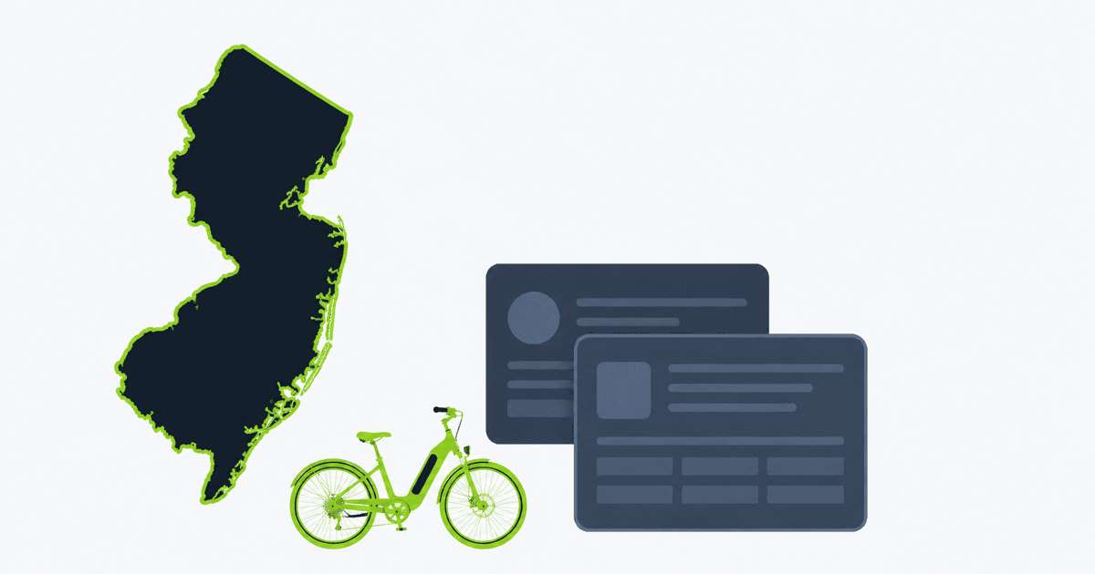 The outline of New Jersey beside a vehicle registration card and driver licence, with a green e-bike, illustrating the state's new e-bike registration and licence requirements